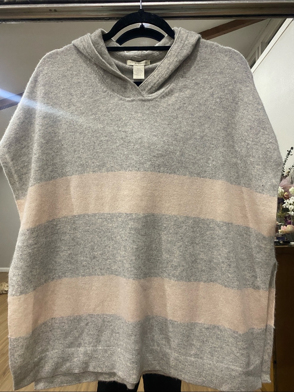 White + Warren Hooded Cashmere Stripe Poncho in Light Gray and Pale Pink